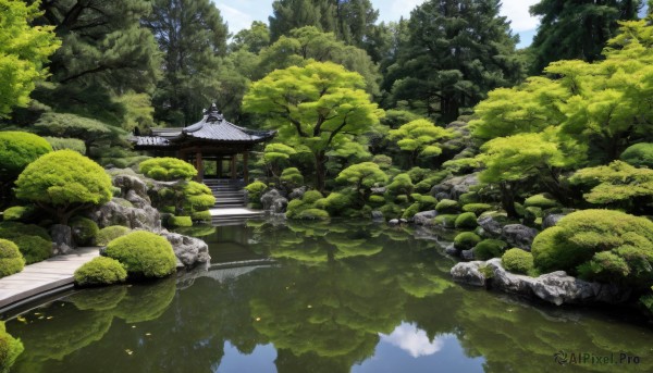 outdoors,sky,day,cloud,water,tree,blue sky,no humans,leaf,grass,building,nature,scenery,forest,reflection,rock,stairs,architecture,bridge,east asian architecture,river,landscape,shrine,stone lantern,pond,reflective water