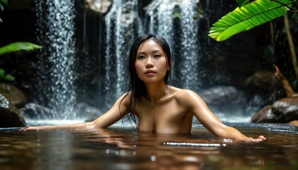 HQ,1girl,solo,long hair,breasts,looking at viewer,black hair,cleavage,brown eyes,medium breasts,collarbone,nude,barefoot,water,nail polish,blurry,black eyes,lips,wet,depth of field,leaf,plant,nature,partially submerged,rock,realistic,bathing,wet hair,waterfall,jewelry,dark skin,necklace,dark-skinned female,tree