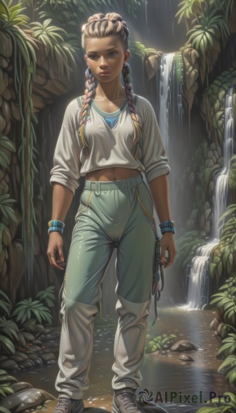 1girl,solo,long hair,breasts,looking at viewer,brown hair,shirt,black hair,navel,brown eyes,jewelry,medium breasts,standing,collarbone,full body,white shirt,pink hair,braid,multicolored hair,earrings,outdoors,parted lips,shoes,midriff,pants,artist name,dark skin,water,twin braids,bracelet,two-tone hair,dark-skinned female,lips,crop top,fingernails,wet,makeup,plant,wristband,sneakers,nature,forehead,forest,toned,watch,rock,nose,arms at sides,wristwatch,green pants,waterfall,very dark skin,baggy pants,dreadlocks,sweatpants,blonde hair,ribbon,hair ribbon,nail polish,leaf,facial mark,piercing,hair over shoulder,grey shirt,stream