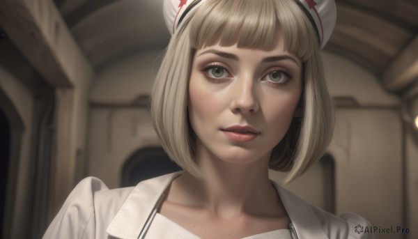 1girl,solo,looking at viewer,short hair,bangs,blonde hair,hat,closed mouth,collarbone,indoors,blunt bangs,blurry,lips,grey eyes,eyelashes,blurry background,portrait,freckles,realistic,nose,nurse cap,red lips,nurse,blue eyes,jewelry,upper body,earrings,parted lips,hair bun,double bun,makeup,bob cut,close-up