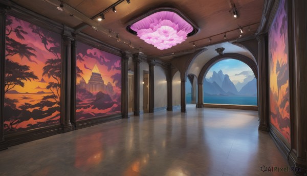 A vivid sunset outdoors highlighting a indoors