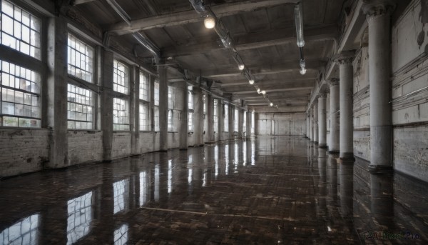 day,indoors,no humans,window,sunlight,scenery,stairs,door,light,pillar,ceiling,hallway,ceiling light,vanishing point,building,reflection,light rays,wooden floor,puddle,industrial pipe,reflective floor