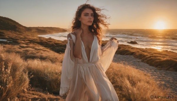 A glimpse of a female in a lush sunset outdoors