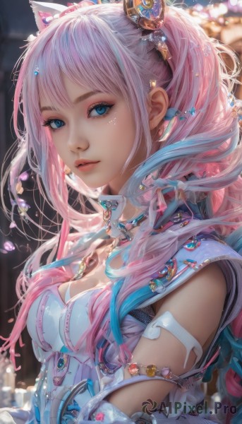 1girl,solo,long hair,breasts,looking at viewer,bangs,blue eyes,hair ornament,dress,animal ears,cleavage,twintails,jewelry,medium breasts,blue hair,upper body,pink hair,multicolored hair,parted lips,choker,artist name,blurry,two-tone hair,lips,eyelashes,gradient hair,makeup,blurry background,crown,bandaid,nose,mascara,sidelocks,sleeveless,from side,streaked hair,depth of field,gem,light particles,armlet,eyeshadow,pink lips,realistic,eyeliner,bokeh