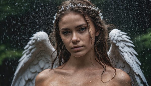 1girl,solo,long hair,looking at viewer,blue eyes,brown hair,bare shoulders,closed mouth,collarbone,upper body,flower,nude,wings,blurry,lips,wet,grey eyes,blurry background,portrait,feathered wings,freckles,rain,angel wings,realistic,white wings,angel,wet hair,head wreath,mole,mole on cheek