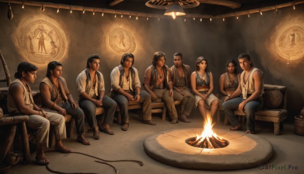 1girl,long hair,smile,short hair,multiple girls,shirt,black hair,hat,jewelry,sitting,closed eyes,weapon,multiple boys,sleeveless,pants,necklace,bracelet,facial hair,sandals,own hands together,tank top,fire,denim,beard,sleeves rolled up,6+boys,realistic,overalls,magic circle,dog tags,towel around neck,hands on lap,jacket,white shirt,male focus,open clothes,vest,open shirt,muscular,parody,towel,instrument,sideburns,chest hair,carpet