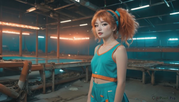 1girl,solo,long hair,breasts,looking at viewer,bangs,skirt,brown hair,shirt,navel,bare shoulders,brown eyes,collarbone,upper body,ponytail,hairband,small breasts,parted lips,sleeveless,midriff,indoors,orange hair,lips,blue skirt,crop top,sleeveless shirt,makeup,tank top,freckles,science fiction,realistic,nose,arms at sides,red lips,cheerleader,gym,open mouth,twintails,teeth,headphones