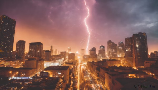 outdoors,sky,cloud,no humans,cloudy sky,building,scenery,sunset,city,electricity,cityscape,skyscraper,lightning,city lights,signature,night,bridge