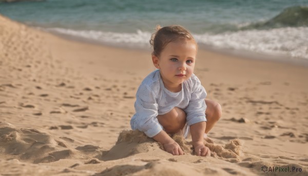 1girl,solo,looking at viewer,short hair,blue eyes,brown hair,shirt,long sleeves,closed mouth,white shirt,outdoors,shorts,day,water,hair bun,blurry,lips,blurry background,ocean,beach,squatting,single hair bun,child,realistic,sand,female child,sand sculpture,barefoot,dark skin,dark-skinned female,rock,shore