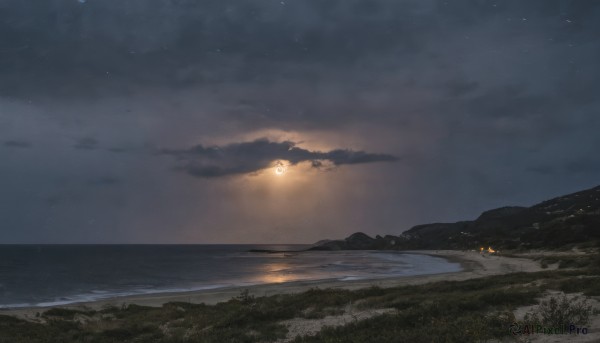 outdoors,sky,cloud,water,tree,no humans,night,ocean,beach,cloudy sky,grass,star (sky),nature,night sky,scenery,starry sky,sunset,mountain,horizon,light,dark,landscape,mountainous horizon,shore,moon,fire,sand,sun,waves