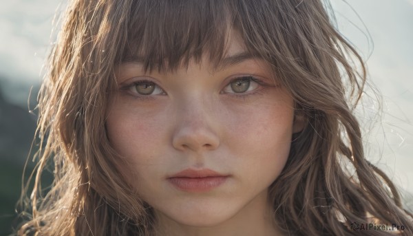 1girl,solo,long hair,looking at viewer,bangs,brown hair,brown eyes,closed mouth,outdoors,day,blurry,lips,depth of field,blurry background,expressionless,messy hair,portrait,close-up,freckles,realistic,nose,eyelashes,sunlight,backlighting,straight-on