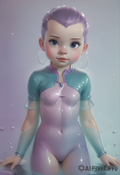 1girl,solo,breasts,looking at viewer,short hair,blue eyes,closed mouth,purple hair,cowboy shot,small breasts,shiny,water,leotard,lips,wet,see-through,bodysuit,covered navel,cameltoe,skin tight,wading,partially submerged,freckles,nose,hair slicked back,purple bodysuit,realistic