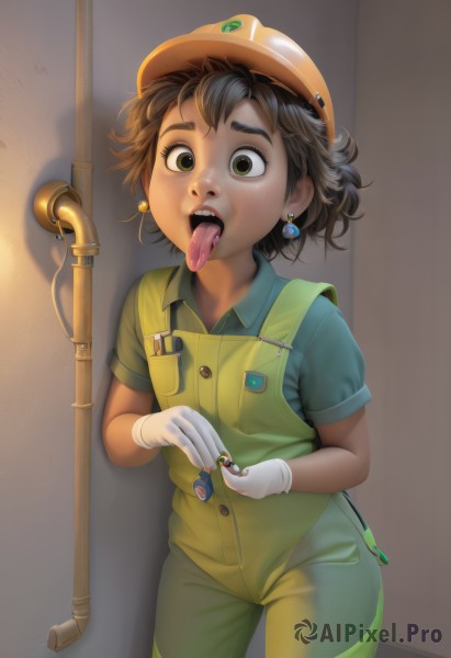 1girl,solo,looking at viewer,short hair,open mouth,brown hair,shirt,black hair,gloves,hat,holding,jewelry,green eyes,standing,short sleeves,cowboy shot,earrings,teeth,tongue,collared shirt,white gloves,tongue out,saliva,upper teeth only,ring,freckles,pocket,realistic,green shirt,overalls,badge,oral invitation,uvula,hardhat,brown eyes,dark skin,dark-skinned female,wide-eyed,nose