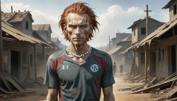 HQ,1girl,solo,breasts,looking at viewer,short hair,blue eyes,brown hair,shirt,1boy,jewelry,upper body,short sleeves,red hair,earrings,outdoors,sky,solo focus,day,cloud,necklace,blood,scar,t-shirt,building,beads,injury,sportswear,realistic,ruins,power lines,dirty,utility pole,pearl necklace,soccer uniform,male focus,orange hair