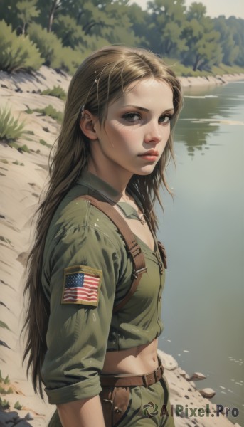 1girl,solo,long hair,looking at viewer,brown hair,navel,brown eyes,closed mouth,jacket,outdoors,day,midriff,belt,pants,water,uniform,black eyes,flat chest,from side,tree,lips,wet,military,military uniform,nature,sleeves rolled up,freckles,rock,realistic,nose,green shirt,wet hair,river,american flag,union jack,breasts,upper body,small breasts,crop top,eyelashes,expressionless,piercing,sunlight,forehead,forest,brown belt,holster,dirty,green pants,lake,dirty face