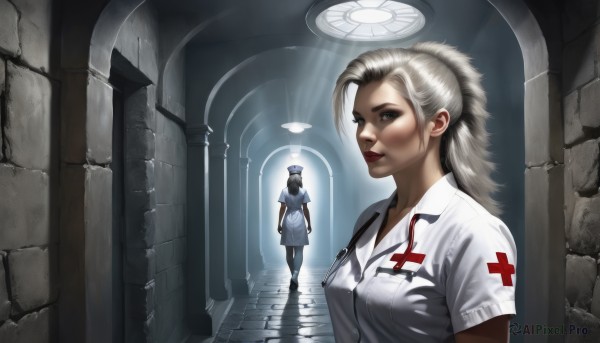 1girl,long hair,breasts,looking at viewer,blue eyes,multiple girls,blonde hair,gloves,hat,2girls,medium breasts,ponytail,short sleeves,pantyhose,indoors,lips,makeup,cross,lipstick,walking,realistic,nose,nurse cap,red lips,nurse,hallway,stethoscope,red cross,white hair,eyeshadow,clipboard