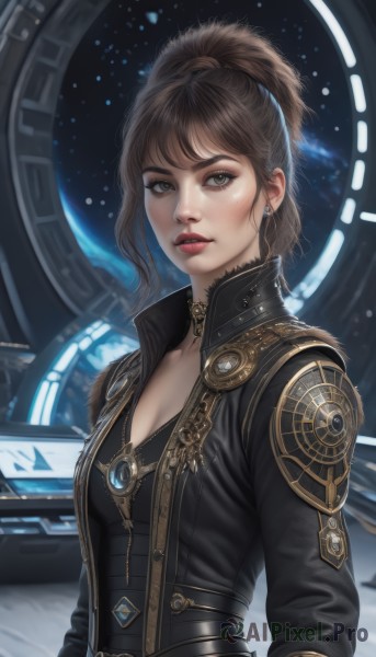 1girl,solo,long hair,breasts,looking at viewer,bangs,brown hair,long sleeves,cleavage,brown eyes,jewelry,medium breasts,jacket,upper body,ponytail,earrings,parted lips,open clothes,choker,belt,necklace,lips,black jacket,grey eyes,makeup,high ponytail,science fiction,realistic,nose,space,planet,short hair,small breasts,artist name,medium hair,mole,freckles