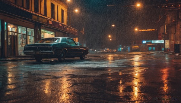 outdoors,sky,water,no humans,window,night,ground vehicle,building,night sky,scenery,motor vehicle,reflection,rain,city,sign,car,light,road,vehicle focus,lamppost,street,puddle,lights,sports car,pavement