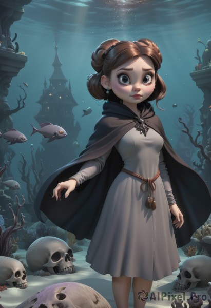 1girl,solo,breasts,looking at viewer,blush,short hair,brown hair,long sleeves,dress,brown eyes,jewelry,closed mouth,standing,earrings,small breasts,artist name,hood,water,hair bun,cape,white dress,lips,grey eyes,double bun,child,cloak,fish,skull,light rays,underwater,fantasy,grey dress,mushroom,turtle,coral,feet out of frame,nose,black cape,air bubble,aquarium