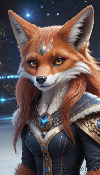 1girl,solo,long hair,breasts,looking at viewer,long sleeves,animal ears,jewelry,closed mouth,upper body,earrings,small breasts,outdoors,artist name,signature,necklace,orange hair,armor,orange eyes,animal ear fluff,fur trim,fox ears,night,brooch,fox girl,shoulder armor,gem,furry,circlet,furry female,body fur,white fur,forehead jewel,fur,animal nose,fox,snout,brown fur,two-tone fur,blue gemstone,green gemstone,orange fur,brown eyes,animal