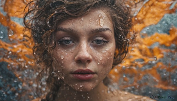 1girl,solo,long hair,looking at viewer,brown hair,closed mouth,braid,water,blurry,lips,wet,grey eyes,eyelashes,makeup,thick eyebrows,portrait,freckles,fish,bubble,underwater,realistic,nose,red lips,air bubble,short hair,brown eyes,parted lips,black eyes,floating hair,depth of field,close-up,water drop,straight-on,orange theme