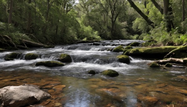 outdoors,day,water,tree,no humans,traditional media,nature,scenery,forest,rock,river,waterfall,stream,sunlight,plant,landscape,moss