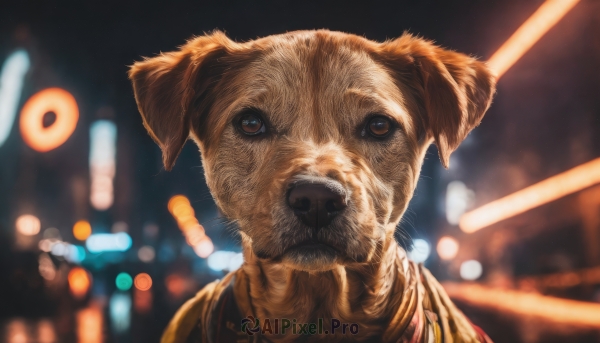 solo,looking at viewer,brown eyes,blurry,no humans,night,depth of field,blurry background,animal,parody,portrait,dog,realistic,animal focus,shiba inu,city,bokeh,city lights,laser