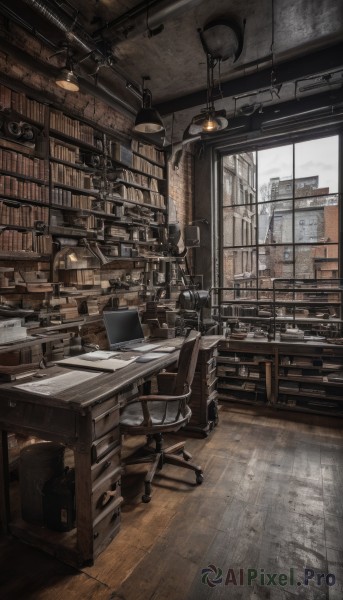 sky,cloud,indoors,book,no humans,window,chair,table,building,scenery,desk,wooden floor,paper,bookshelf,lamp,computer,monitor,laptop,library,keyboard (computer),office chair,ladder,office,box,clock,shelf,blinds