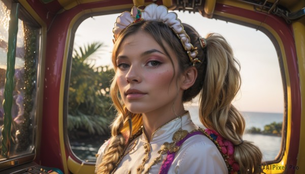 1girl,solo,long hair,looking at viewer,bangs,blonde hair,brown hair,shirt,twintails,brown eyes,white shirt,upper body,braid,outdoors,bag,blurry,black eyes,lips,maid,maid headdress,depth of field,blurry background,sunlight,backpack,ground vehicle,portrait,motor vehicle,freckles,realistic,nose,car,car interior,blush,jewelry,collared shirt,mole,window,backlighting