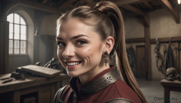 1girl,solo,long hair,looking at viewer,smile,blue eyes,blonde hair,brown hair,jewelry,upper body,ponytail,earrings,teeth,indoors,armor,grin,blurry,lips,grey eyes,window,blurry background,chair,portrait,forehead,skull,realistic,old,old woman,parody,table,nose,skeleton,wrinkled skin