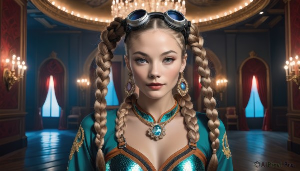 1girl,solo,long hair,breasts,looking at viewer,smile,blue eyes,blonde hair,brown hair,dress,cleavage,jewelry,medium breasts,closed mouth,upper body,braid,earrings,indoors,water,necklace,twin braids,lips,grey eyes,window,makeup,blue dress,lipstick,goggles,gem,pendant,hair rings,reflection,goggles on head,realistic,nose,red lips,candle,multiple braids,twintails,portrait,forehead,eyeshadow,straight-on,gold,aqua dress,chandelier