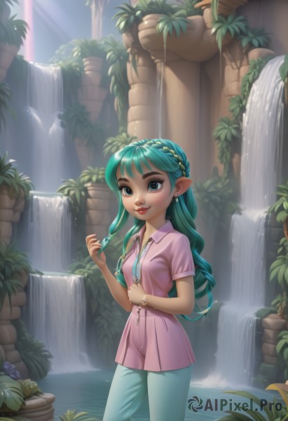 1girl,solo,long hair,looking at viewer,smile,blue eyes,shirt,jewelry,standing,braid,short sleeves,earrings,small breasts,outdoors,green hair,day,pointy ears,pants,water,necklace,bracelet,lips,aqua hair,makeup,sunlight,thick eyebrows,plant,wading,pink shirt,jeans,red lips,waterfall,dress,leaf,watermark,crown braid