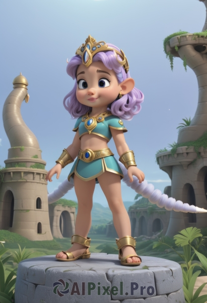 1girl,solo,smile,short hair,blue eyes,skirt,navel,jewelry,closed mouth,standing,tail,full body,purple hair,earrings,outdoors,sky,day,pointy ears,midriff,dark skin,black eyes,flat chest,dark-skinned female,blue sky,toes,ass visible through thighs,sandals,tiara,plant,child,sun,female child,bracer,pillar,shirt,hair ornament,short sleeves,cloud,miniskirt,medium hair,necklace,bracelet,lips,blue skirt,crop top,grass,crown,blue shirt,curly hair,anklet,arms at sides,ruins