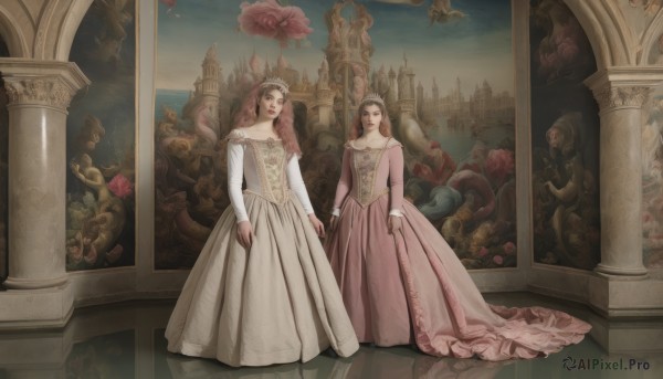 long hair,multiple girls,brown hair,long sleeves,dress,2girls,jewelry,standing,collarbone,flower,sky,white dress,rose,holding hands,tiara,red flower,pink dress,long dress,red lips,pillar,castle,statue,painting (object),church,arch,gown,column,brown eyes,indoors,makeup,bird,siblings,lipstick,skirt hold,princess,fine art parody