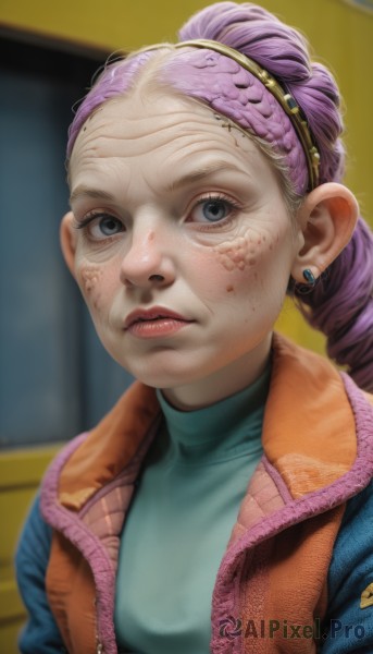 1girl,solo,long hair,looking at viewer,shirt,jewelry,jacket,upper body,ponytail,purple hair,braid,hairband,earrings,parted lips,open clothes,blurry,black eyes,vest,sweater,open jacket,lips,grey eyes,blurry background,turtleneck,piercing,portrait,freckles,realistic,nose,stud earrings,blue eyes,eyelashes,makeup,blue vest,dirty,orange jacket