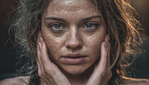 1girl,solo,long hair,looking at viewer,brown hair,bare shoulders,closed mouth,lips,grey eyes,eyelashes,portrait,close-up,freckles,realistic,nose,hands on own face,hands on own cheeks,hands on another's face,blue eyes,black hair,messy hair