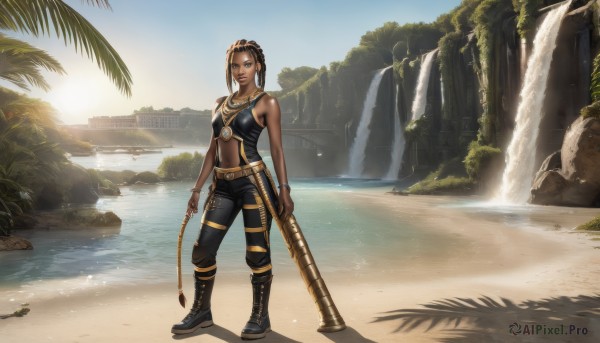 1girl,solo,breasts,looking at viewer,smile,short hair,blue eyes,brown hair,black hair,navel,holding,bare shoulders,jewelry,standing,weapon,braid,earrings,boots,outdoors,sky,day,midriff,belt,pants,dark skin,water,necklace,black footwear,bracelet,dark-skinned female,tree,lips,beach,sunlight,scenery,rock,sand,palm tree,river,waterfall,very dark skin,dreadlocks,facial mark,realistic