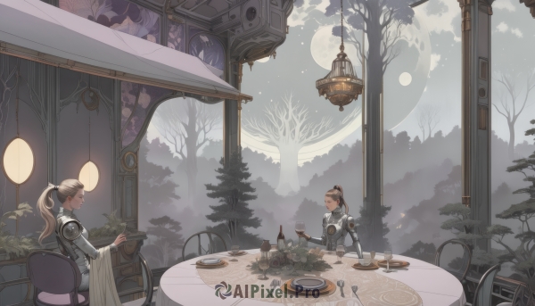 1girl,long hair,multiple girls,blonde hair,brown hair,long sleeves,holding,2girls,sitting,closed eyes,ponytail,food,sky,pointy ears,indoors,armor,tree,cup,window,profile,night,chair,moon,table,bottle,high ponytail,knife,plant,scenery,full moon,plate,drinking glass,fork,lamp,tablecloth,smile,closed mouth,looking at another,book,shoulder armor,nature,holding cup,teacup,pauldrons,lantern,breastplate,open book,spoon,fantasy,candle