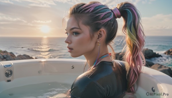 1girl,solo,long hair,blue eyes,black hair,jewelry,upper body,ponytail,purple hair,multicolored hair,earrings,outdoors,parted lips,sky,day,cloud,water,from behind,blurry,lips,profile,makeup,ocean,beach,sunlight,sunset,realistic,nose,hair tie,sun,earphones,looking at viewer,from side,streaked hair,cloudy sky,portrait,close-up,lens flare,freckles,rock,horizon,earbuds