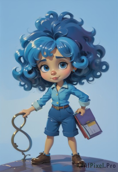 1girl,solo,long hair,looking at viewer,smile,blue eyes,simple background,shirt,holding,jewelry,blue hair,standing,full body,earrings,shoes,shorts,collared shirt,belt,dark skin,chibi,dark-skinned female,lips,book,makeup,blue background,brown footwear,thick eyebrows,blue shirt,holding book,cuffs,blue shorts,curly hair,pen,stud earrings,pencil,big hair,handcuffs,notebook,faux figurine,black hair,long sleeves,closed mouth,multicolored hair,two-tone hair,eyelashes,denim,messy hair,reflection,brown belt,scissors,clipboard