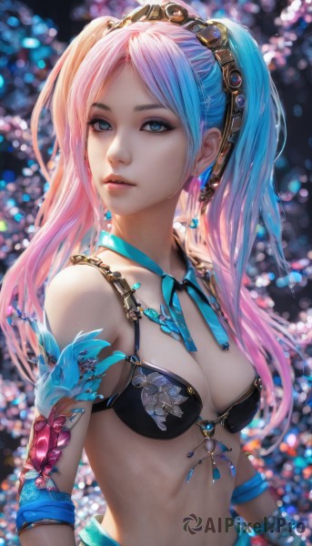 1girl,solo,long hair,breasts,looking at viewer,bangs,blue eyes,hair ornament,ribbon,navel,cleavage,bare shoulders,twintails,jewelry,medium breasts,underwear,blue hair,collarbone,swimsuit,upper body,pink hair,bikini,multicolored hair,earrings,small breasts,parted lips,necklace,bra,armor,blurry,two-tone hair,lips,parted bangs,eyelashes,gradient hair,neck ribbon,makeup,detached collar,depth of field,blurry background,watermark,blue ribbon,black bra,gem,bikini top only,armlet,realistic,nose,bikini armor,bokeh,blue gemstone,mascara,belt,artist name,tattoo,black bikini,web address,eyeshadow,deviantart username