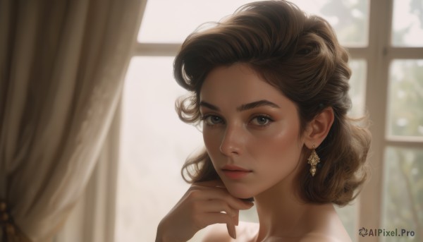 1girl,solo,looking at viewer,short hair,brown hair,brown eyes,jewelry,closed mouth,earrings,day,indoors,hand up,dark skin,medium hair,blurry,dark-skinned female,lips,eyelashes,window,blurry background,curtains,portrait,backlighting,freckles,realistic,nose,makeup,thick eyebrows,hand on own chin