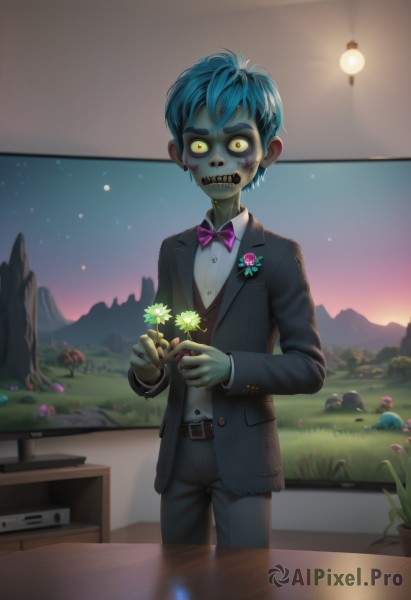 solo,looking at viewer,short hair,shirt,long sleeves,1boy,bow,holding,blue hair,standing,jacket,yellow eyes,white shirt,flower,male focus,outdoors,sky,teeth,belt,pants,bowtie,black jacket,night,colored skin,formal,suit,sharp teeth,holding flower,green skin,zombie,tuxedo,grass,night sky,purple bow,mountain,lamp,facepaint,skeleton,traditional bowtie