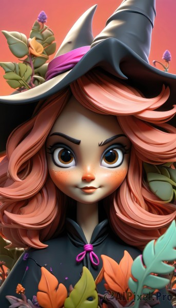 1girl,solo,long hair,looking at viewer,blush,smile,bangs,hat,ribbon,brown eyes,closed mouth,upper body,pink hair,flower,artist name,lips,gradient,gradient background,eyelashes,black headwear,neck ribbon,witch hat,leaf,watermark,thick eyebrows,plant,portrait,web address,freckles,pink ribbon,nose,purple flower,purple ribbon,witch,orange flower,brown hair