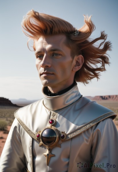 solo,short hair,brown hair,hair ornament,1boy,jewelry,closed mouth,white shirt,upper body,male focus,outdoors,sky,day,blurry,blue sky,lips,looking to the side,floating hair,blurry background,looking away,brooch,wind,gem,realistic,looking afar,desert,blue eyes,scar,sunlight,nose