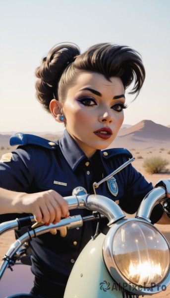 1girl,solo,looking at viewer,short hair,brown hair,black hair,brown eyes,jewelry,upper body,earrings,outdoors,parted lips,teeth,day,hair bun,nail polish,uniform,black eyes,lips,makeup,buttons,single hair bun,thick eyebrows,blue shirt,lipstick,ground vehicle,red nails,motor vehicle,red lips,stud earrings,riding,badge,motorcycle,police,police uniform,policewoman,on motorcycle,shirt,dark skin,mole,dark-skinned female,eyelashes,eyeshadow,asymmetrical hair,realistic,nose,eyeliner,bicycle,mascara,scooter