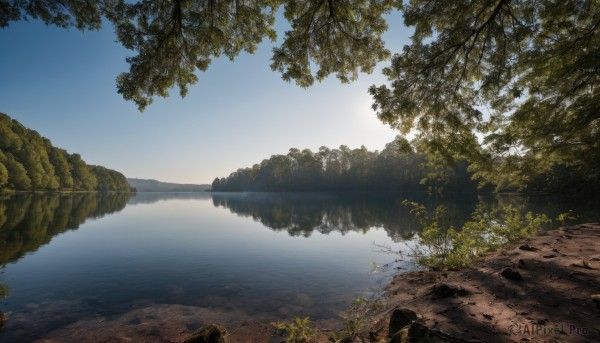 outdoors,sky,day,cloud,water,tree,blue sky,no humans,sunlight,grass,nature,scenery,forest,reflection,rock,river,landscape,lake,plant,reflective water