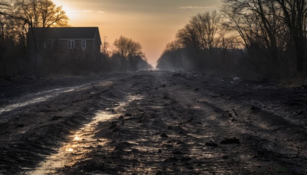 outdoors,sky,cloud,tree,no humans,window,sunlight,grass,ground vehicle,building,nature,scenery,forest,sunset,road,house,power lines,bare tree,evening,water,cloudy sky,rock,ruins,river