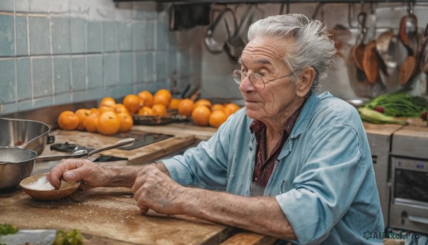 solo,smile,short hair,shirt,1boy,holding,closed mouth,jacket,upper body,white hair,grey hair,male focus,food,glasses,collared shirt,indoors,blurry,from side,profile,fruit,blurry background,facial hair,table,knife,blue jacket,red shirt,sleeves rolled up,bowl,realistic,round eyewear,basket,carrot,old,old man,cooking,orange (fruit),kitchen,vegetable,sink,old woman,stove,wrinkled skin,cutting board,onion,jewelry,open clothes,necklace,dress shirt,depth of field,blue shirt,plate,nose,holding knife,sleeves pushed up,banana,tomato,frying pan,arm hair,eggplant,potato,radish