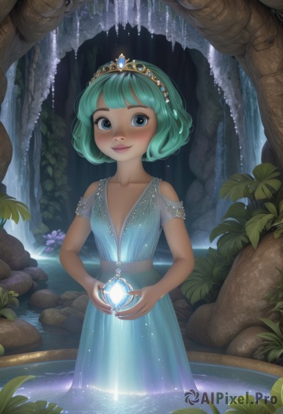 1girl,solo,breasts,looking at viewer,blush,smile,short hair,bangs,blue eyes,dress,holding,bare shoulders,jewelry,standing,collarbone,flower,small breasts,outdoors,parted lips,green hair,artist name,signature,dark skin,blunt bangs,water,flat chest,tree,lips,wet,clothing cutout,aqua hair,blue dress,glowing,leaf,watermark,tiara,plant,gem,nature,web address,wading,forest,freckles,crystal,rock,fantasy,waterfall,heart,sparkle,crown,aqua dress